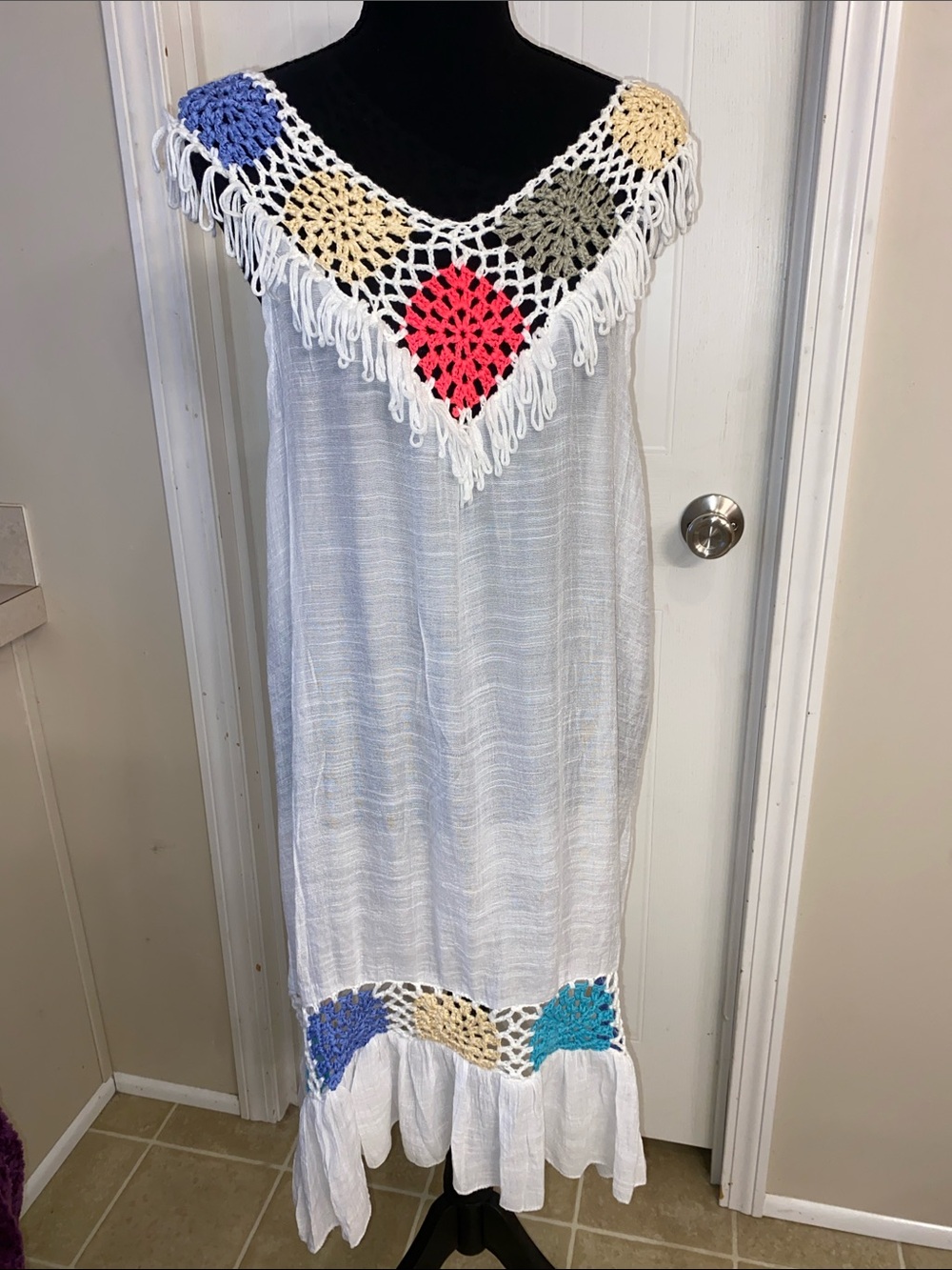 Advance Apparels White Maxi Dress with Multicolor Crochet Accents